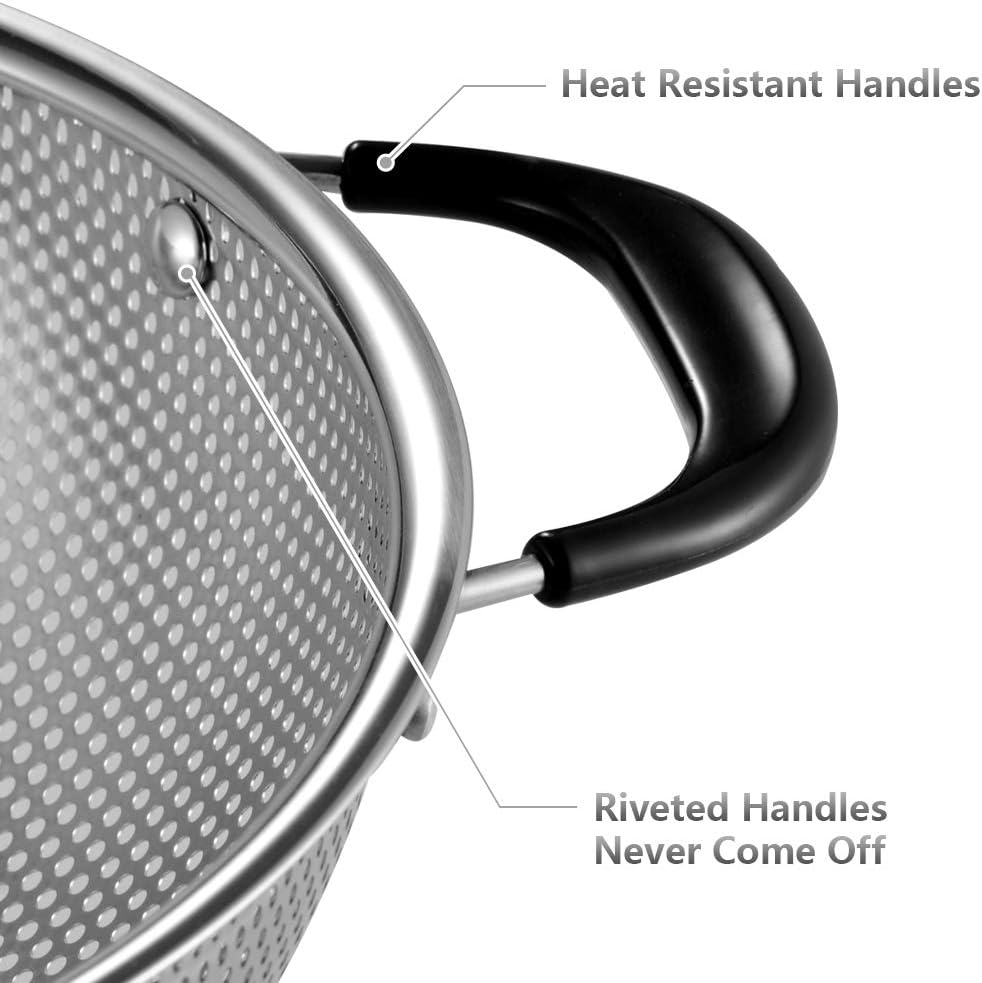 18/8 Stainless Steel Colander, Easy Grip Micro-Perforated 5-Quart Colander, Strainer with Riveted and Heat Resistant Handles, BPA Free. Great for Pasta, Noodles, Vegetables and Fruits