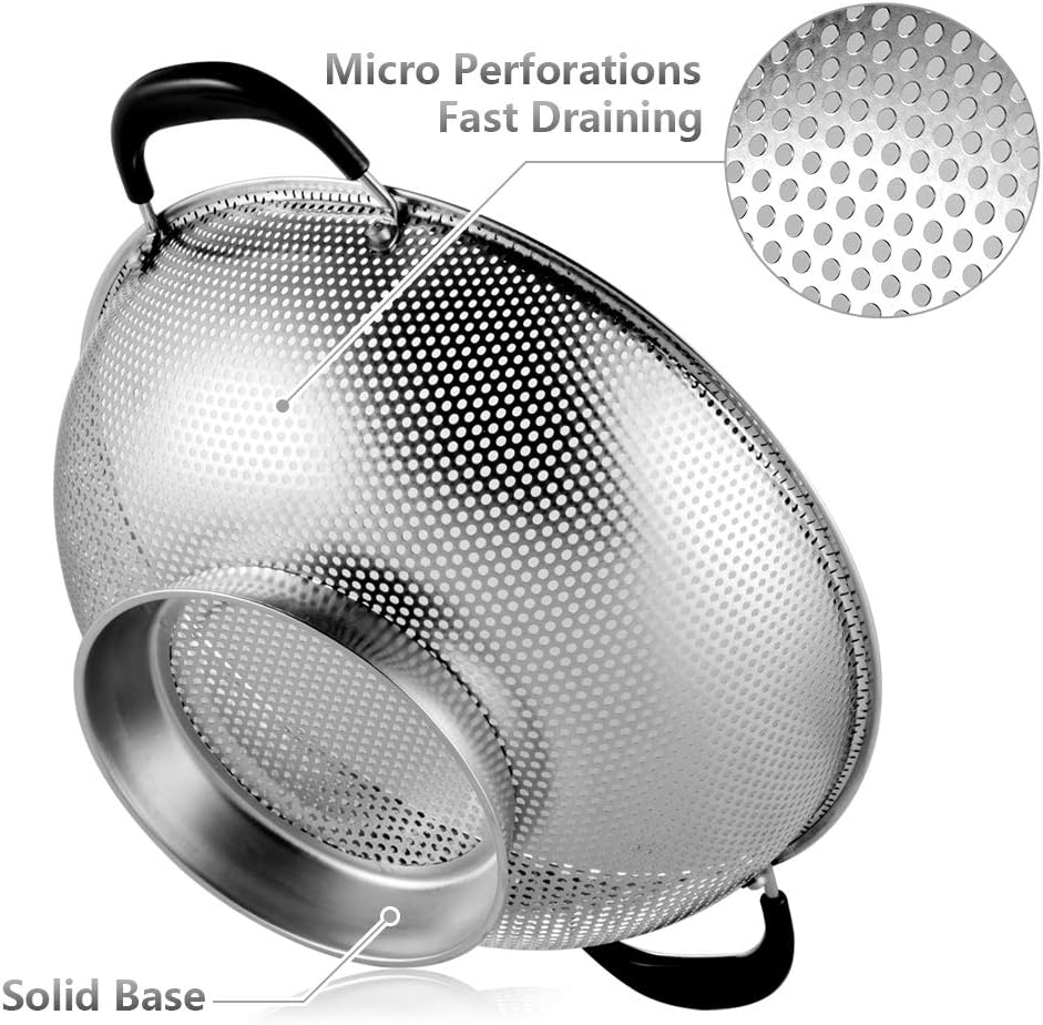 18/8 Stainless Steel Colander, Easy Grip Micro-Perforated 5-Quart Colander, Strainer with Riveted and Heat Resistant Handles, BPA Free. Great for Pasta, Noodles, Vegetables and Fruits