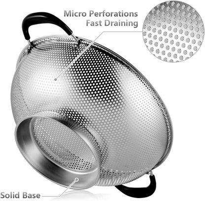 18/8 Stainless Steel Colander, Easy Grip Micro-Perforated 5-Quart Colander, Strainer with Riveted and Heat Resistant Handles, BPA Free. Great for Pasta, Noodles, Vegetables and Fruits