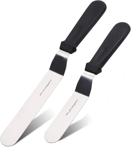 Angled Icing Spatula, Stainless Steel Offset Spatula, Cake Spatula Set of 2 Black 6, 8 inch Blade