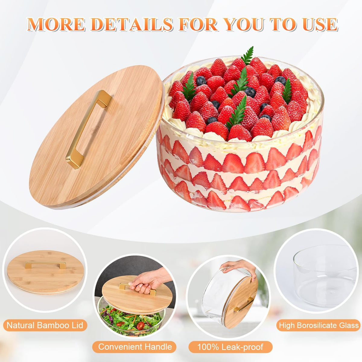 197 oz Large Glass Salad Bowl, 10 inch Trifle Bowl with Airtight Lid, Versatile Mixing and Serving Bowl for Salad, Cake, Dessert, Baking and Party Diy, Oven, Microwave & Dishwasher Safe
