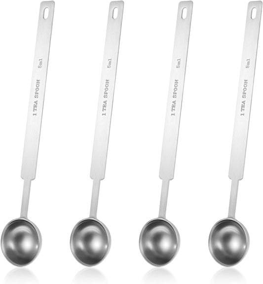 4PCS 1 Teaspoon Measuring Spoon(1 tsp, 5 ml, 1/6oz, 1/3 tbsp) Long Handle Scoop Metal Measure Spoons Kitchen Gadgets 304 Stainless Steel Individual Measure Scoops for Measuring Protein Cooking Baking
