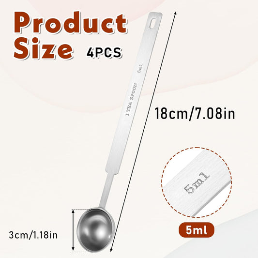 4PCS 1 Teaspoon Measuring Spoon(1 tsp, 5 ml, 1/6oz, 1/3 tbsp) Long Handle Scoop Metal Measure Spoons Kitchen Gadgets 304 Stainless Steel Individual Measure Scoops for Measuring Protein Cooking Baking