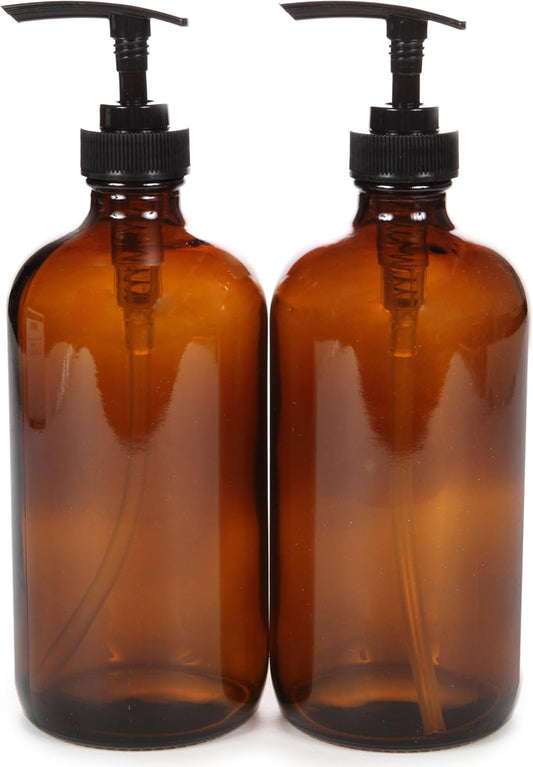 Large 16 oz Amber Glass Bottles with Black Lotion Pumps - 2 pk