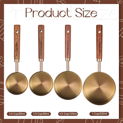 8 PCS Copper Measuring Cups and Spoons Set, Stainless Steel Measuring Cups and Spoons Set with Wooden Handle and Metric US Measurements for Dry Liquid for Baking Kitchen Food Liquid