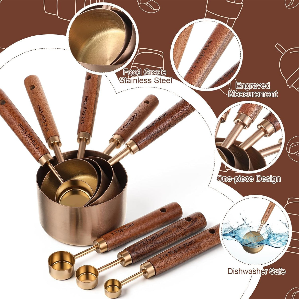 8 PCS Copper Measuring Cups and Spoons Set, Stainless Steel Measuring Cups and Spoons Set with Wooden Handle and Metric US Measurements for Dry Liquid for Baking Kitchen Food Liquid