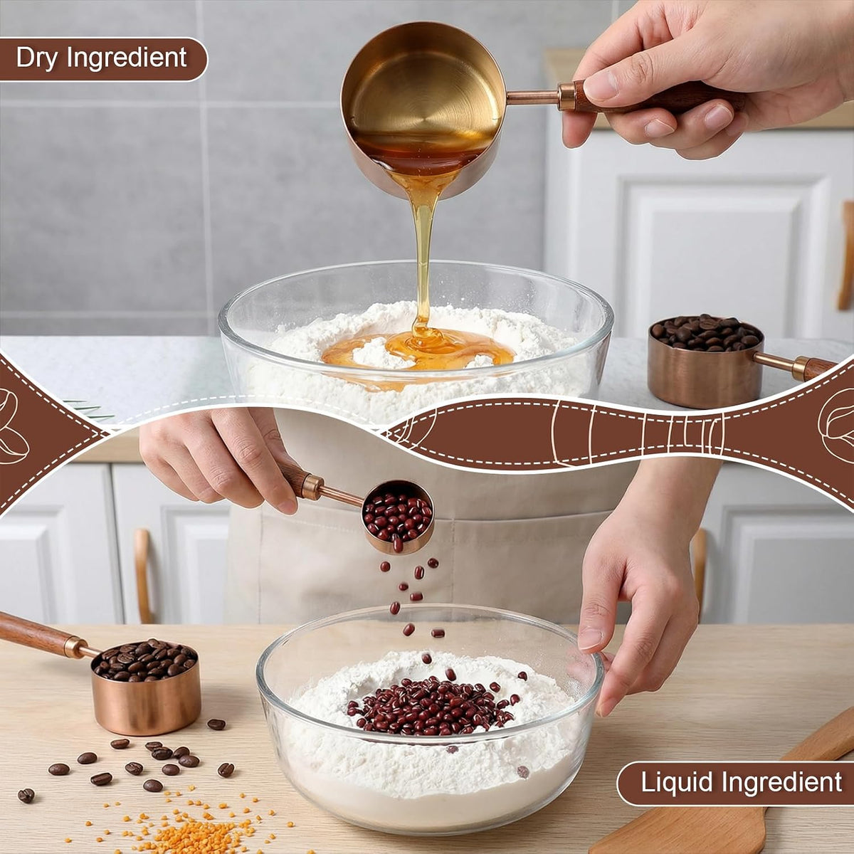 8 PCS Copper Measuring Cups and Spoons Set, Stainless Steel Measuring Cups and Spoons Set with Wooden Handle and Metric US Measurements for Dry Liquid for Baking Kitchen Food Liquid