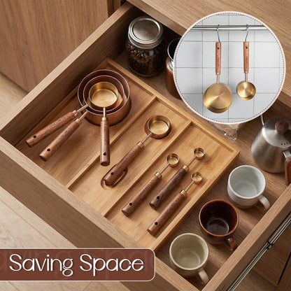 8 PCS Copper Measuring Cups and Spoons Set, Stainless Steel Measuring Cups and Spoons Set with Wooden Handle and Metric US Measurements for Dry Liquid for Baking Kitchen Food Liquid