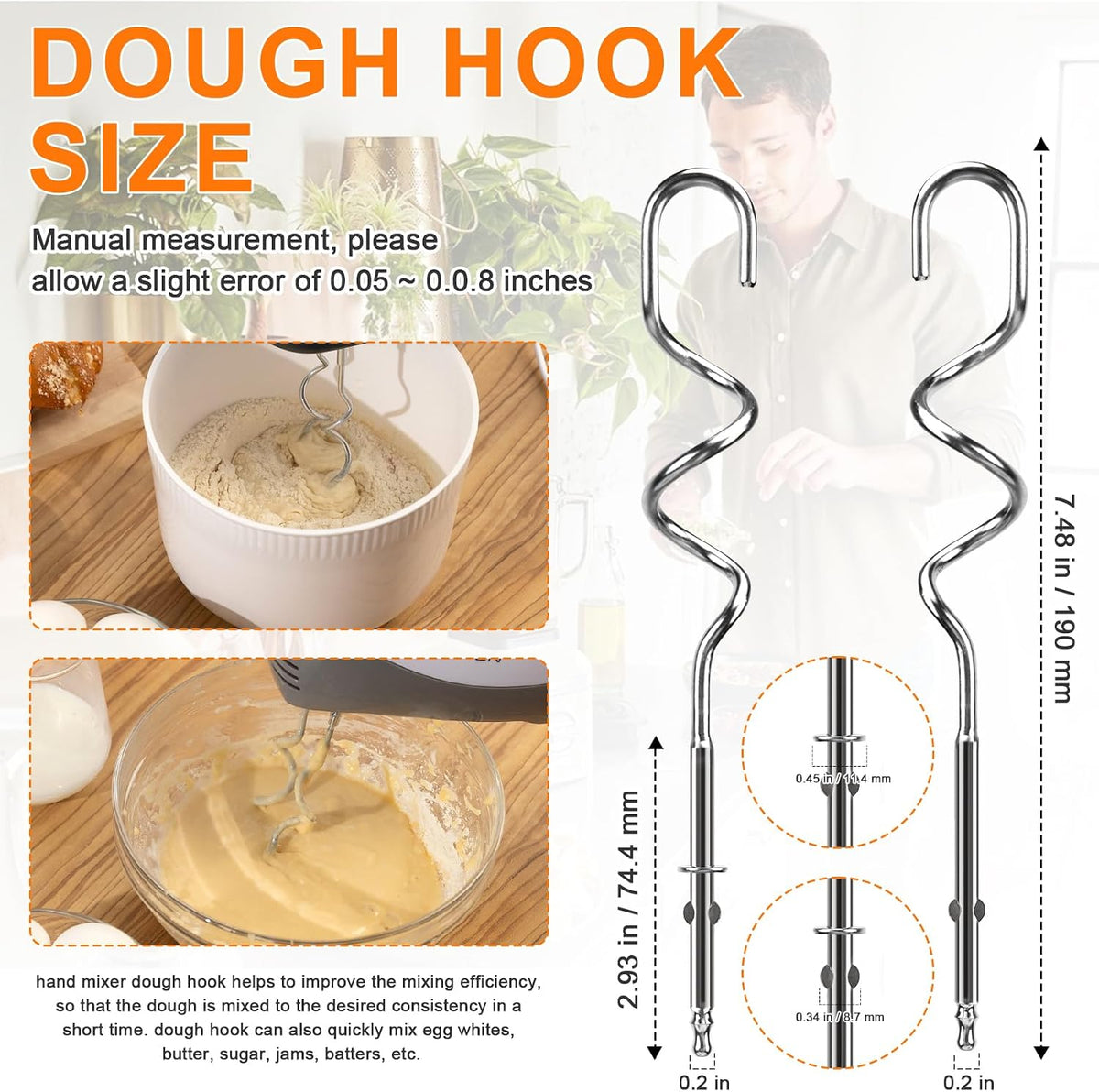 Hand Mixer Beaters Replacement for Cuisinart CHM Series, Stainless Steel Beater, Whisk, Dough Hook, Blending Rod Attachments Parts for HM-90S HM-50 HM-70 CHM-3 CHM-7PK 9 7 5 3 Mixers Blender - 6 PCS