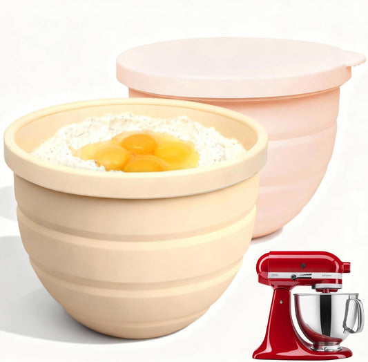 Silicone Bowl Insert for Kitchen Aid 5 Qt Tilt-Head - Patented Design Bowl Liner, 2pack with Lids, Resistant to collapse Thicker Bowl Insert, Foldable, Heat/Cold Resistant (Beige*Pink)