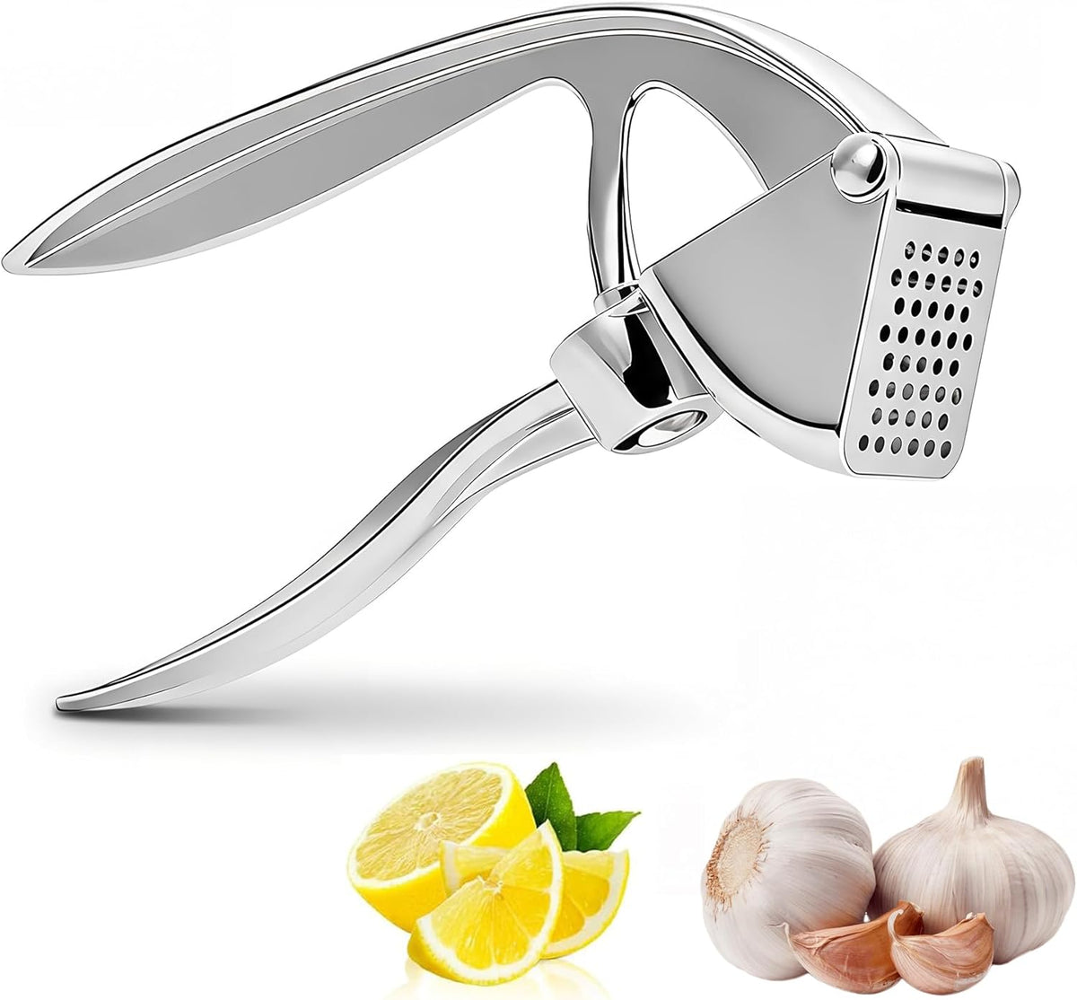 Premium Stainless Steel Garlic Press - Heavy-Duty Professional Garlic Mincer Crusher with Ergonomic Handle, Rust-Proof, Dishwasher Safe, Easy to Squeeze & Clean - Silver