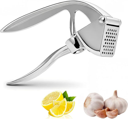 Premium Stainless Steel Garlic Press - Heavy-Duty Professional Garlic Mincer Crusher with Ergonomic Handle, Rust-Proof, Dishwasher Safe, Easy to Squeeze & Clean - Silver