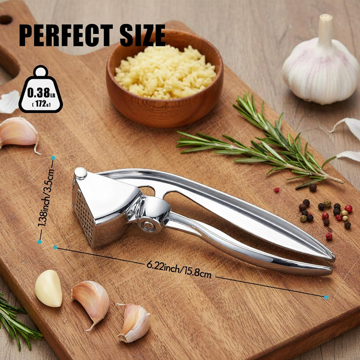 Premium Stainless Steel Garlic Press - Heavy-Duty Professional Garlic Mincer Crusher with Ergonomic Handle, Rust-Proof, Dishwasher Safe, Easy to Squeeze & Clean - Silver