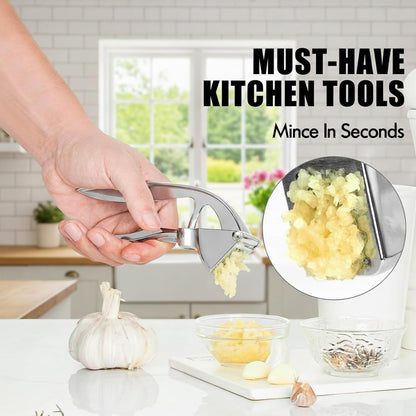 Premium Stainless Steel Garlic Press - Heavy-Duty Professional Garlic Mincer Crusher with Ergonomic Handle, Rust-Proof, Dishwasher Safe, Easy to Squeeze & Clean - Silver