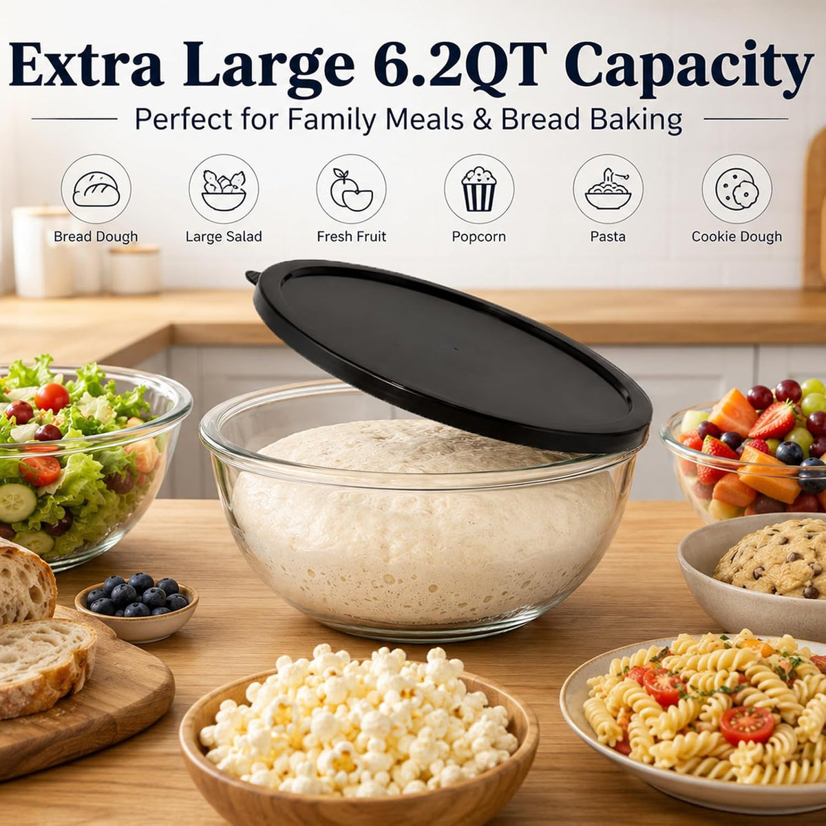 6.2QT Glass Sourdough Proofing Bowl with Lid, Large Mixing Bowl for Bread Dough Fermentation, Clear Borosilicate Glass Bowl for Baking, Salad, Meal Prep & Food Storage