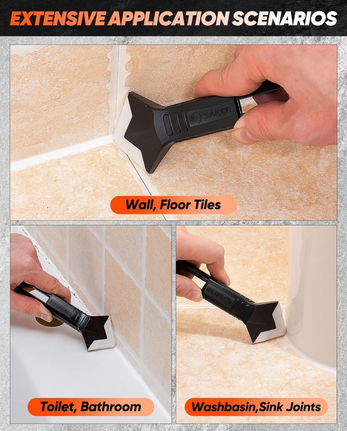 Silicone Caulking Tool 3-in-1 Grout Removal Tool Classic Black | Sealant Finishing Scraper with Stainless Steelhead, Seam Repair Kit for Bathroom, Kitchen, Floor, Window and Sink Joints