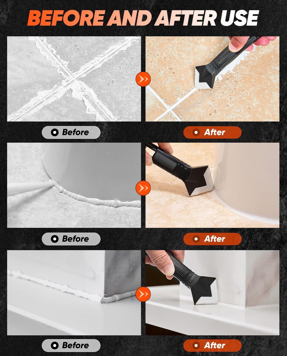 Silicone Caulking Tool 3-in-1 Grout Removal Tool Classic Black | Sealant Finishing Scraper with Stainless Steelhead, Seam Repair Kit for Bathroom, Kitchen, Floor, Window and Sink Joints