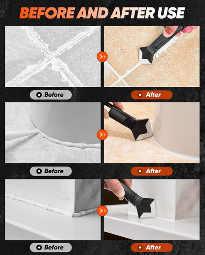 Silicone Caulking Tool 3-in-1 Grout Removal Tool Classic Black | Sealant Finishing Scraper with Stainless Steelhead, Seam Repair Kit for Bathroom, Kitchen, Floor, Window and Sink Joints