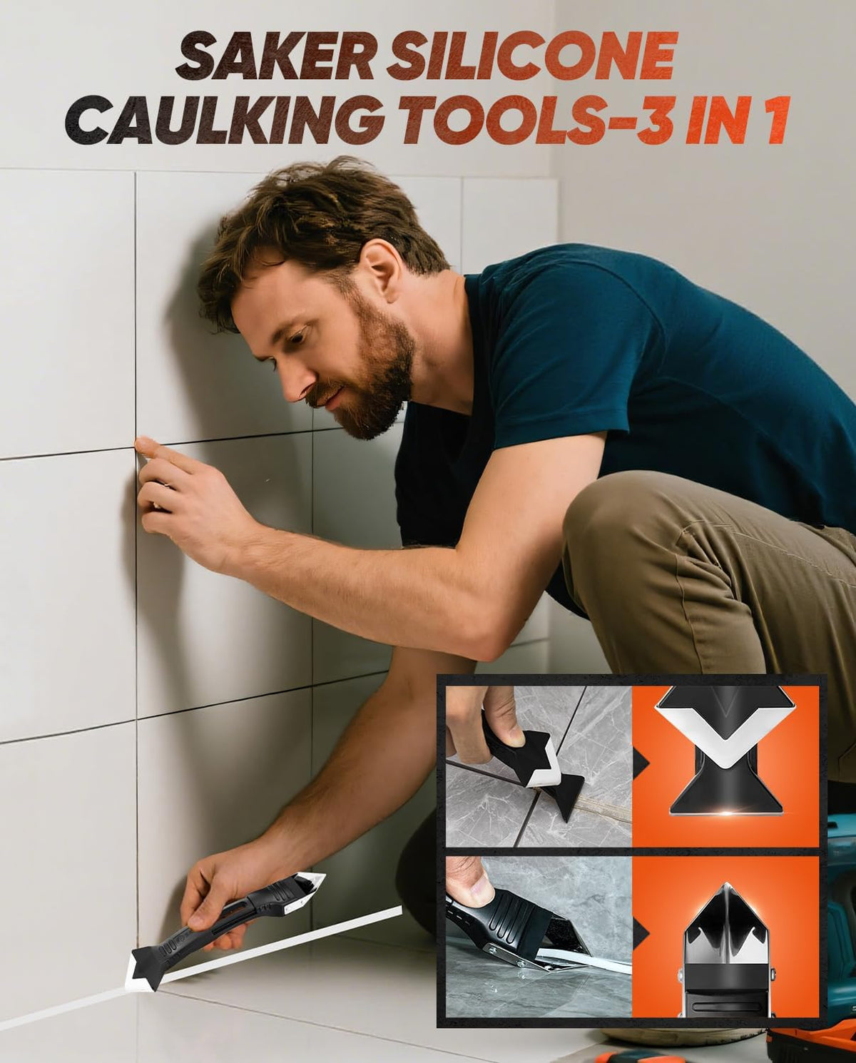 Silicone Caulking Tool 3-in-1 Grout Removal Tool Classic Black | Sealant Finishing Scraper with Stainless Steelhead, Seam Repair Kit for Bathroom, Kitchen, Floor, Window and Sink Joints