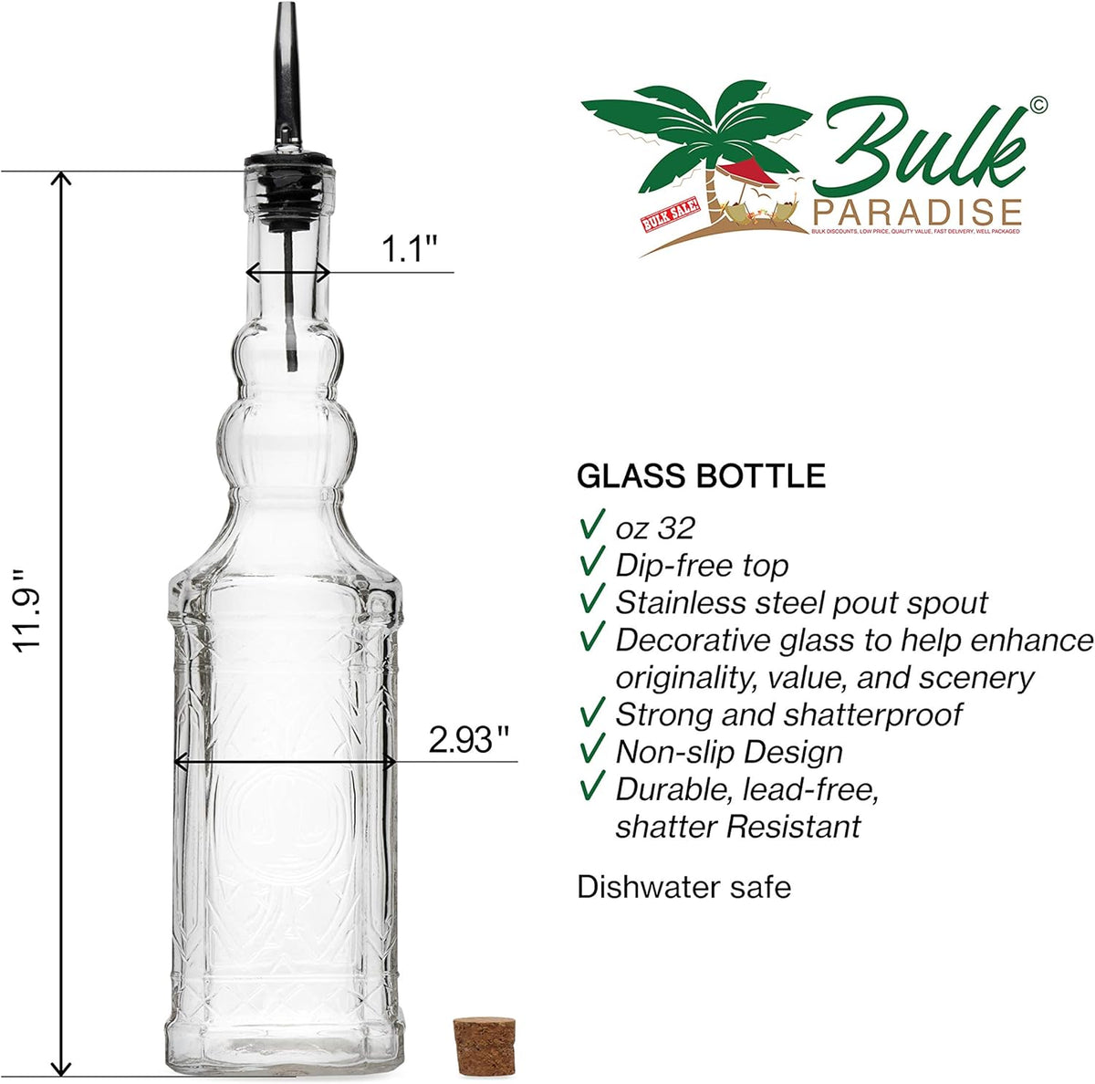 Large Clear Decorative Glass Bottle with Spout and Cork, 32oz, 1 Bottle - Design: Kristal (3in X 11.9in)