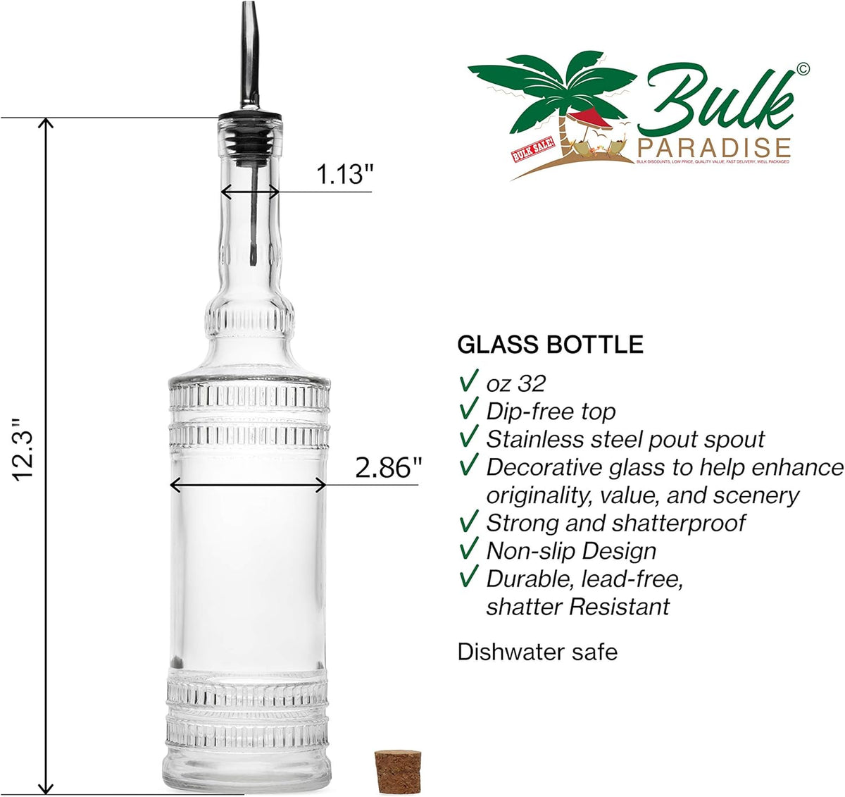 Large Clear Decorative Glass Bottle with Spout and Cork, 32oz, 1 Bottle - Design: Kristal (3in X 11.9in)