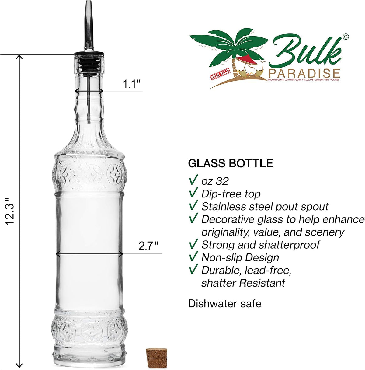 Large Clear Decorative Glass Bottle with Spout and Cork, 32oz, 1 Bottle - Design: Kristal (3in X 11.9in)
