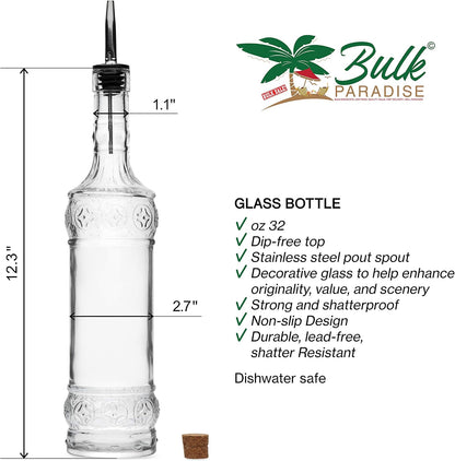 Large Clear Decorative Glass Bottle with Spout and Cork, 32oz, 1 Bottle - Design: Kristal (3in X 11.9in)