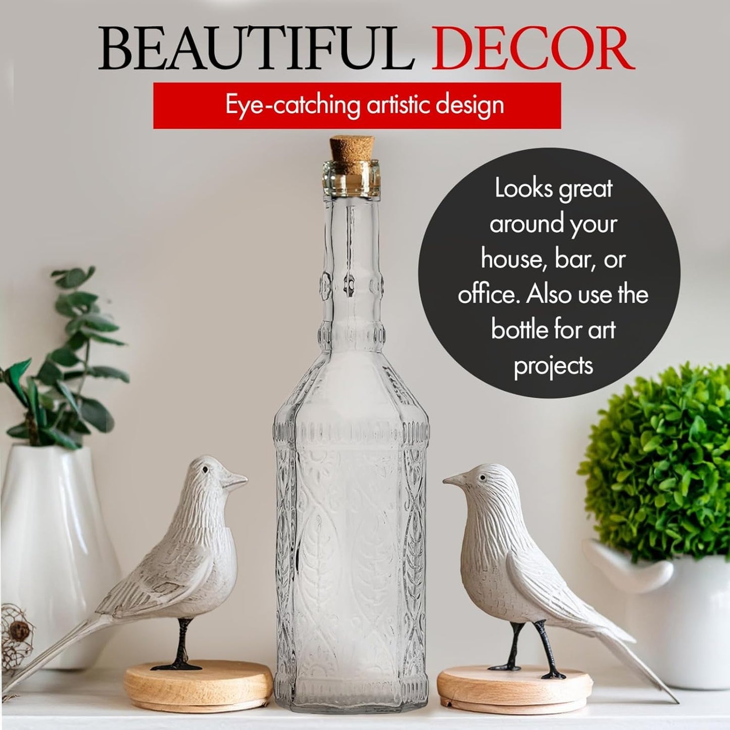 Large Clear Decorative Glass Bottle with Spout and Cork, 32oz, 1 Bottle - Design: Kristal (3in X 11.9in)