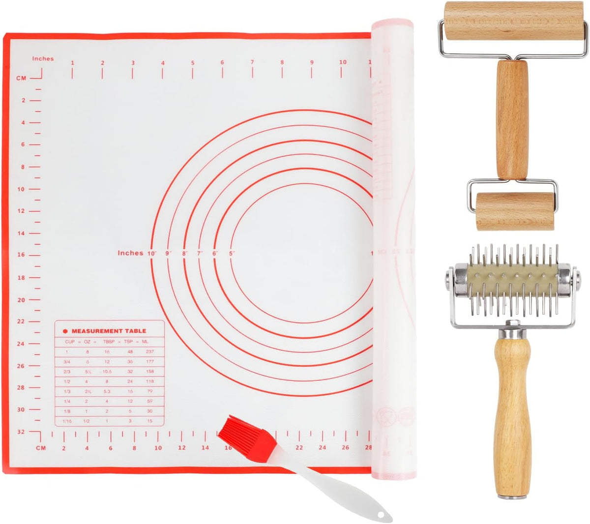 4Pcs Pizza Baking Tool Kit with Dough Docker, Non-Slip Silicone Baking Mat & Wooden Rolling Pin – Essential Tools for Pizza, Pie, Pastry, Bread and Cookies