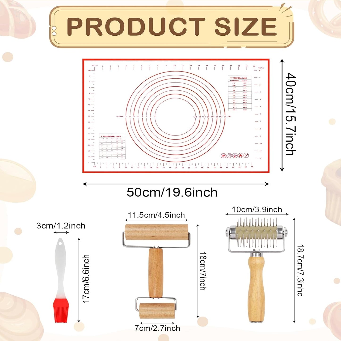 4Pcs Pizza Baking Tool Kit with Dough Docker, Non-Slip Silicone Baking Mat & Wooden Rolling Pin – Essential Tools for Pizza, Pie, Pastry, Bread and Cookies