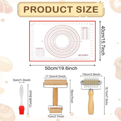 4Pcs Pizza Baking Tool Kit with Dough Docker, Non-Slip Silicone Baking Mat & Wooden Rolling Pin – Essential Tools for Pizza, Pie, Pastry, Bread and Cookies