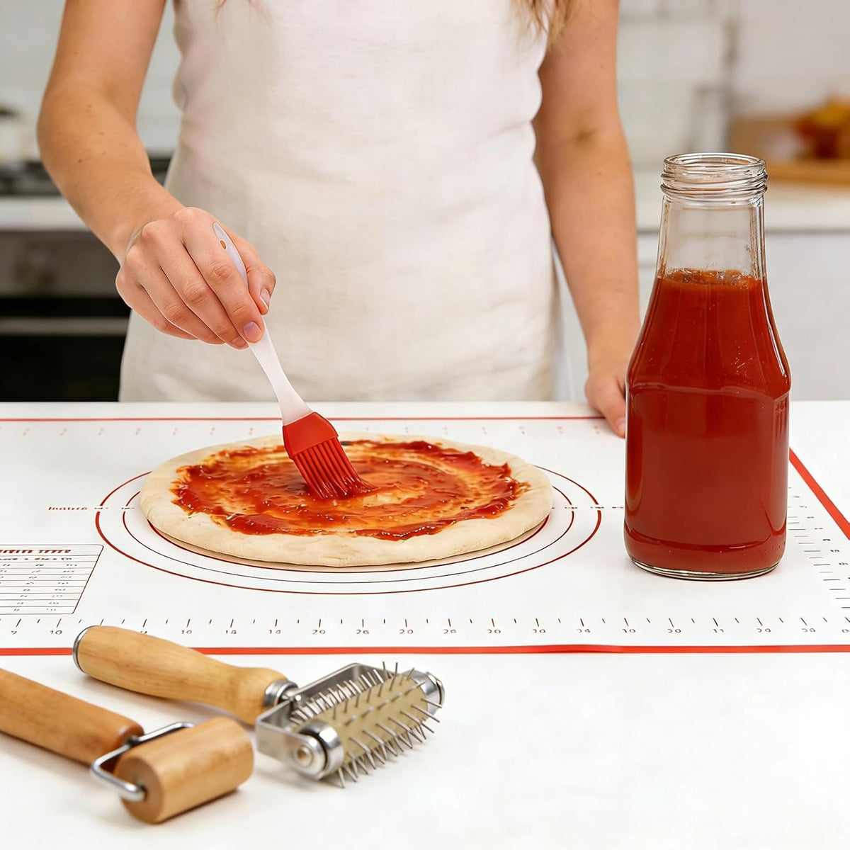 4Pcs Pizza Baking Tool Kit with Dough Docker, Non-Slip Silicone Baking Mat & Wooden Rolling Pin – Essential Tools for Pizza, Pie, Pastry, Bread and Cookies
