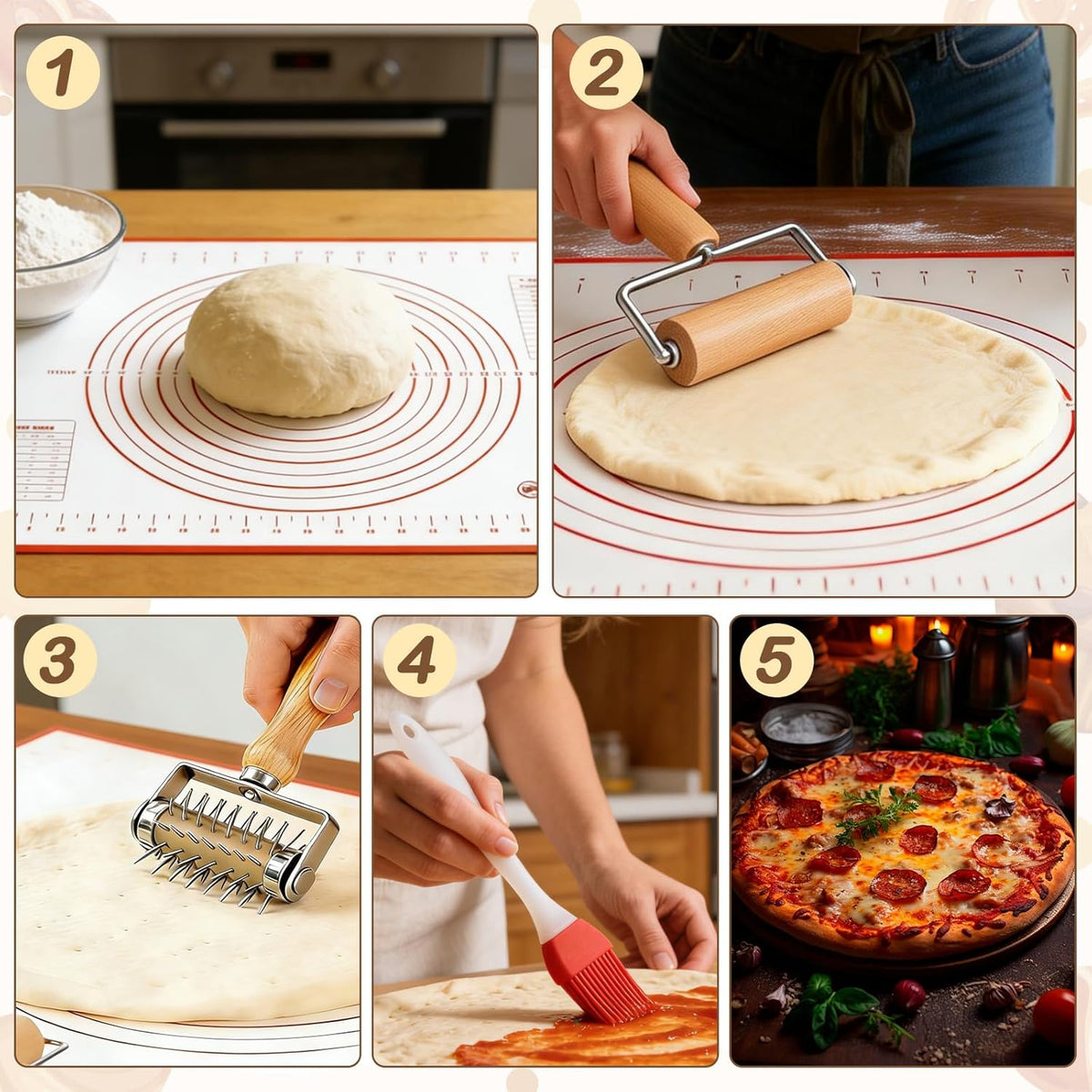 4Pcs Pizza Baking Tool Kit with Dough Docker, Non-Slip Silicone Baking Mat & Wooden Rolling Pin – Essential Tools for Pizza, Pie, Pastry, Bread and Cookies