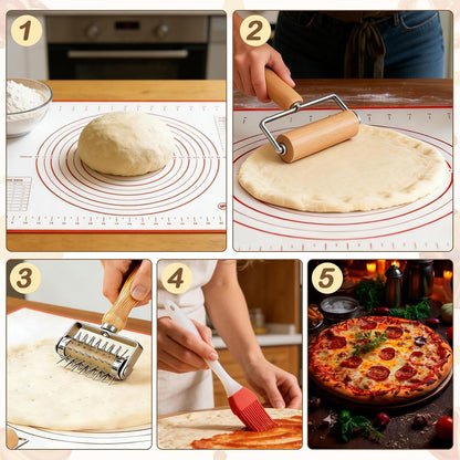 4Pcs Pizza Baking Tool Kit with Dough Docker, Non-Slip Silicone Baking Mat & Wooden Rolling Pin – Essential Tools for Pizza, Pie, Pastry, Bread and Cookies