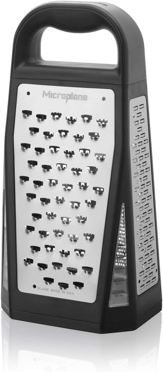Elite Five Blade Box Grater with Measuring Cup Base, Five Grating Surfaces Including Fine, Coarse, Double-Sided Ribbon, Ultra-Coarse, and Slicer - Black