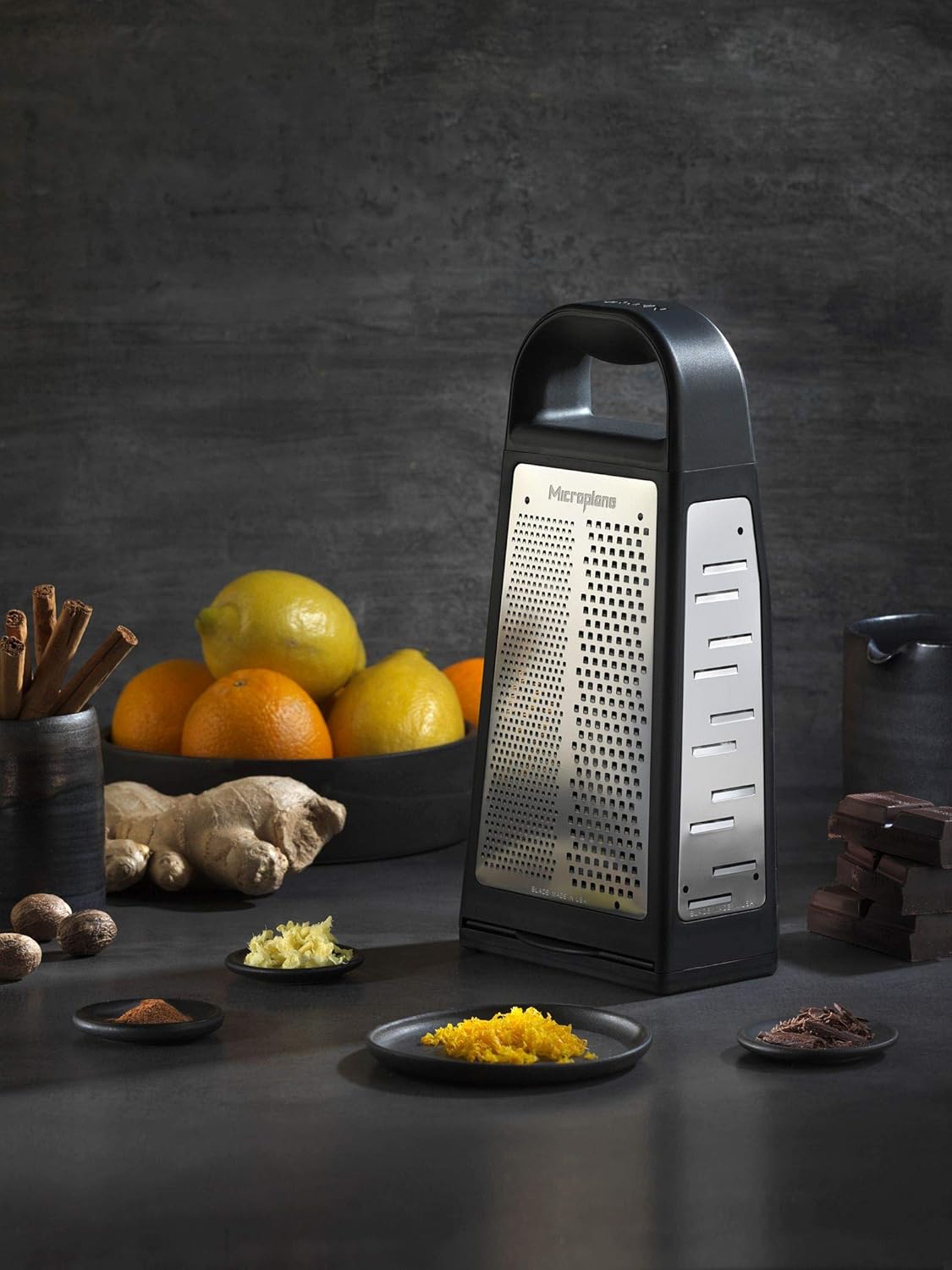 Elite Five Blade Box Grater with Measuring Cup Base, Five Grating Surfaces Including Fine, Coarse, Double-Sided Ribbon, Ultra-Coarse, and Slicer - Black