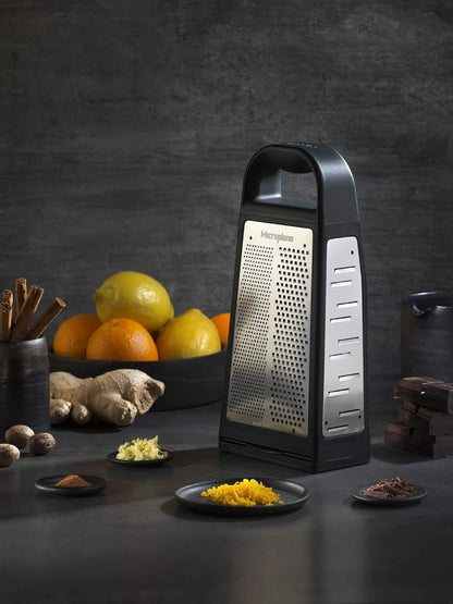 Elite Five Blade Box Grater with Measuring Cup Base, Five Grating Surfaces Including Fine, Coarse, Double-Sided Ribbon, Ultra-Coarse, and Slicer - Black