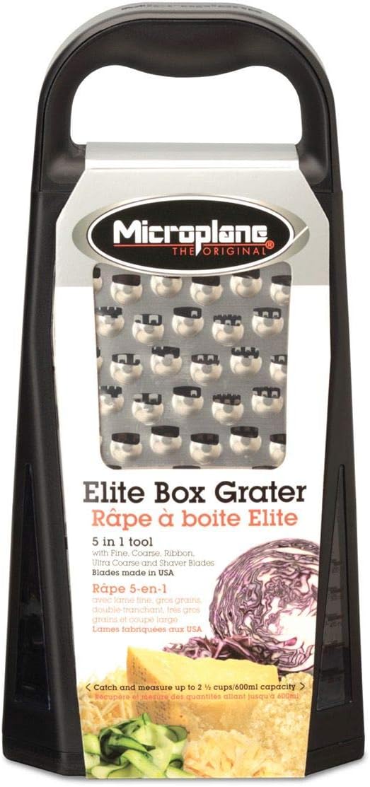 Elite Five Blade Box Grater with Measuring Cup Base, Five Grating Surfaces Including Fine, Coarse, Double-Sided Ribbon, Ultra-Coarse, and Slicer - Black