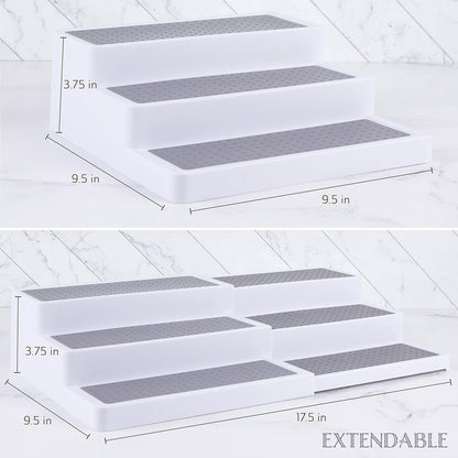 3-Tier Expandable Spice Rack Organizer for Cabinet, White/Grey | Expandable Plastic Spice Rack Organizer, Adjustable Length 3 Tiers, Non-Skid Shelf, Cabinet Pantry Countertop, White/Grey