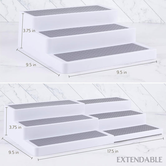 3-Tier Expandable Spice Rack Organizer for Cabinet, White/Grey | Expandable Plastic Spice Rack Organizer, Adjustable Length 3 Tiers, Non-Skid Shelf, Cabinet Pantry Countertop, White/Grey