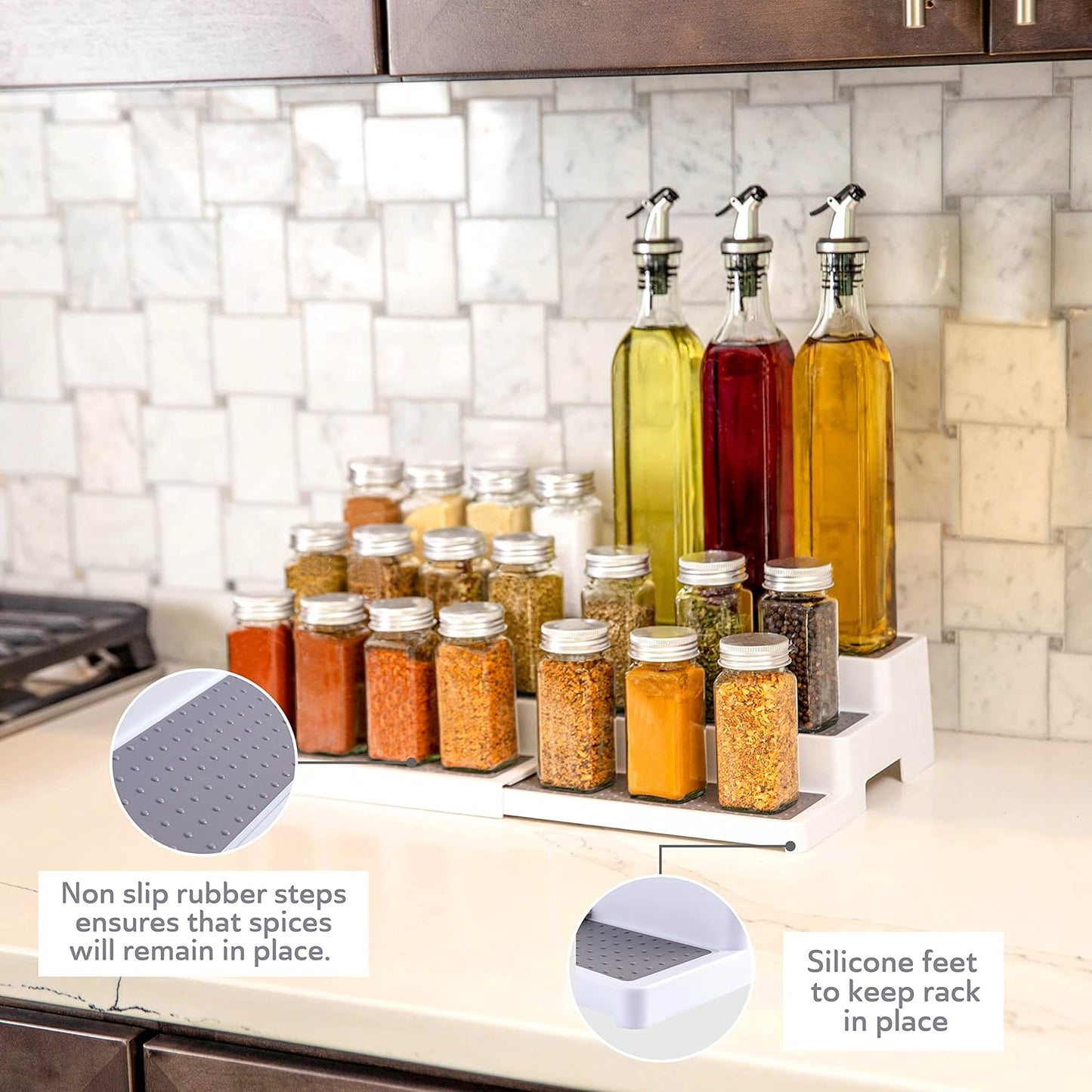 3-Tier Expandable Spice Rack Organizer for Cabinet, White/Grey | Expandable Plastic Spice Rack Organizer, Adjustable Length 3 Tiers, Non-Skid Shelf, Cabinet Pantry Countertop, White/Grey