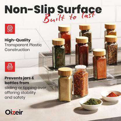 3-Tier Expandable Spice Rack Organizer for Cabinet, White/Grey | Expandable Plastic Spice Rack Organizer, Adjustable Length 3 Tiers, Non-Skid Shelf, Cabinet Pantry Countertop, White/Grey