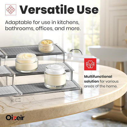 3-Tier Expandable Spice Rack Organizer for Cabinet, White/Grey | Expandable Plastic Spice Rack Organizer, Adjustable Length 3 Tiers, Non-Skid Shelf, Cabinet Pantry Countertop, White/Grey