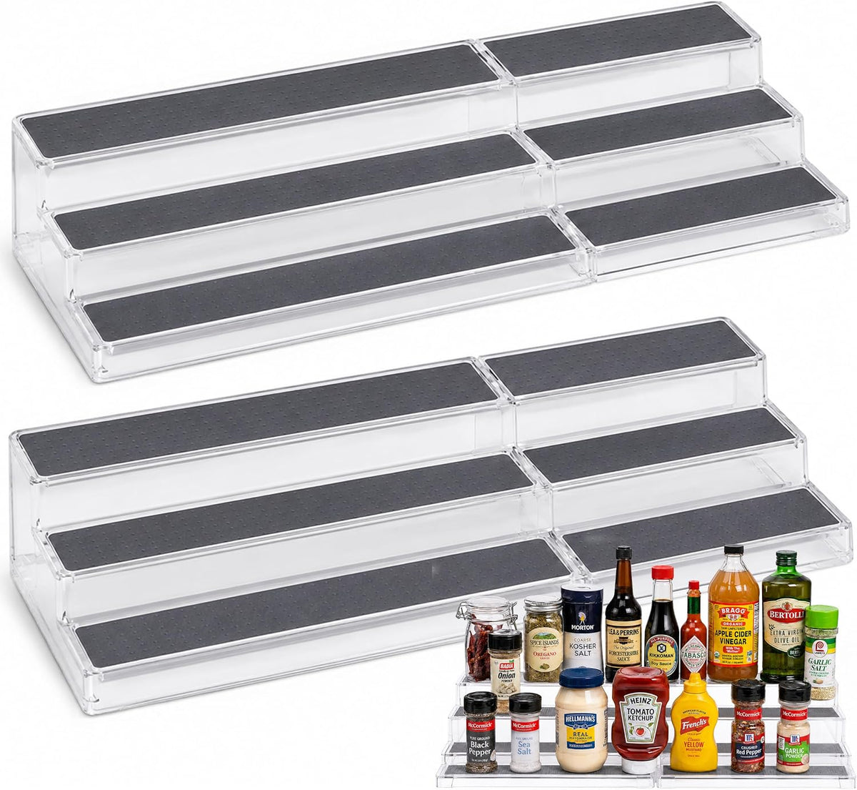 3-Tier Expandable Spice Rack Organizer for Cabinet, White/Grey | Expandable Plastic Spice Rack Organizer, Adjustable Length 3 Tiers, Non-Skid Shelf, Cabinet Pantry Countertop, White/Grey