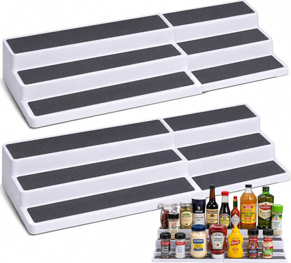3-Tier Expandable Spice Rack Organizer for Cabinet, White/Grey | Expandable Plastic Spice Rack Organizer, Adjustable Length 3 Tiers, Non-Skid Shelf, Cabinet Pantry Countertop, White/Grey