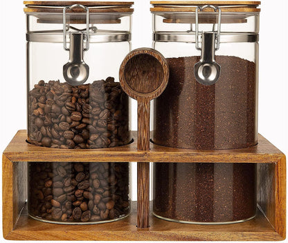 Yangbaga Coffee Canister with Shelf: 2P 45OZ Glass Airtight Coffee Holder | Large Capacity Coffee Container w/Acacia Scoop - Kitchen Food Storage Jar for Ground Coffee/Tea/Sugar/Cereal/Nuts/Coffee Bar