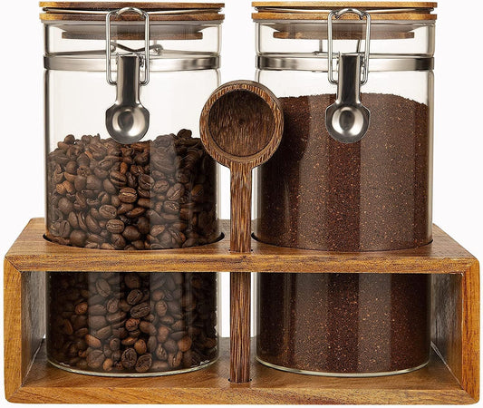 Yangbaga Coffee Canister with Shelf: 2P 45OZ Glass Airtight Coffee Holder | Large Capacity Coffee Container w/Acacia Scoop - Kitchen Food Storage Jar for Ground Coffee/Tea/Sugar/Cereal/Nuts/Coffee Bar