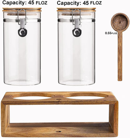 Yangbaga Coffee Canister with Shelf: 2P 45OZ Glass Airtight Coffee Holder | Large Capacity Coffee Container w/Acacia Scoop - Kitchen Food Storage Jar for Ground Coffee/Tea/Sugar/Cereal/Nuts/Coffee Bar