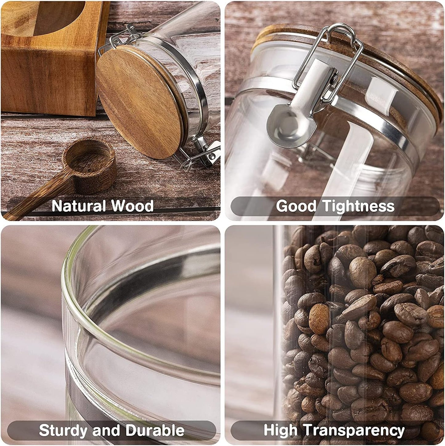 Yangbaga Coffee Canister with Shelf: 2P 45OZ Glass Airtight Coffee Holder | Large Capacity Coffee Container w/Acacia Scoop - Kitchen Food Storage Jar for Ground Coffee/Tea/Sugar/Cereal/Nuts/Coffee Bar