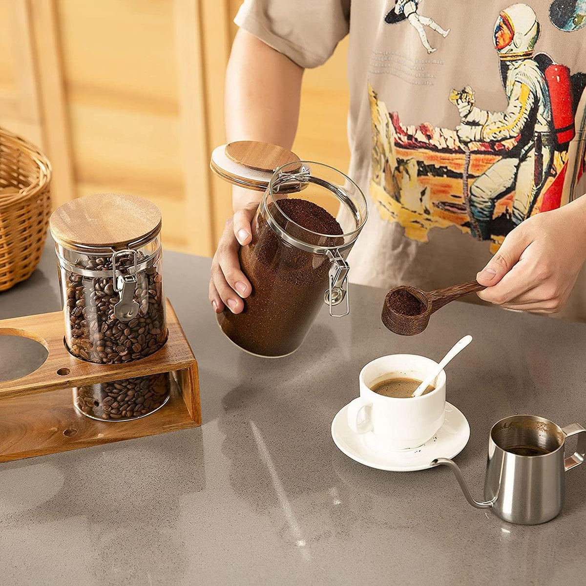 Yangbaga Coffee Canister with Shelf: 2P 45OZ Glass Airtight Coffee Holder | Large Capacity Coffee Container w/Acacia Scoop - Kitchen Food Storage Jar for Ground Coffee/Tea/Sugar/Cereal/Nuts/Coffee Bar